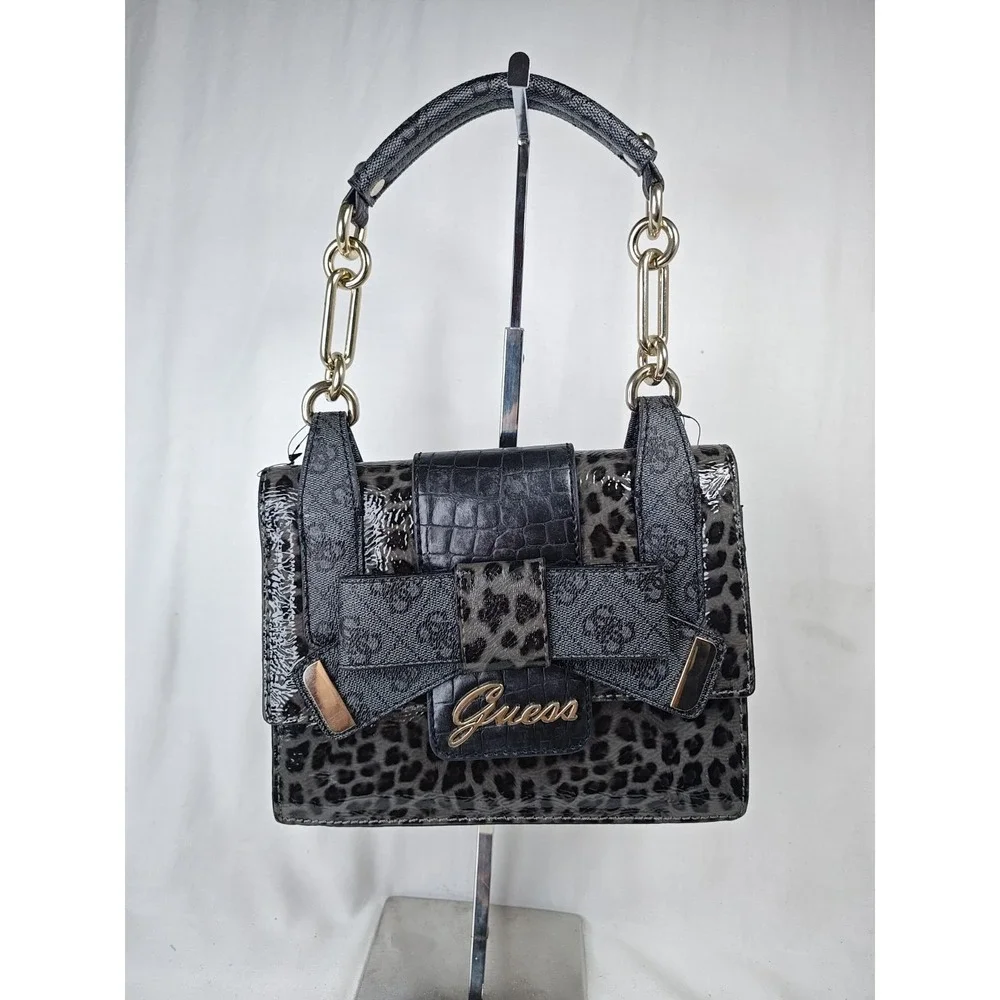 Guess Laurita LE259506 Black Leopard Print Patent Bow Flap Shoulder Handbag NWT